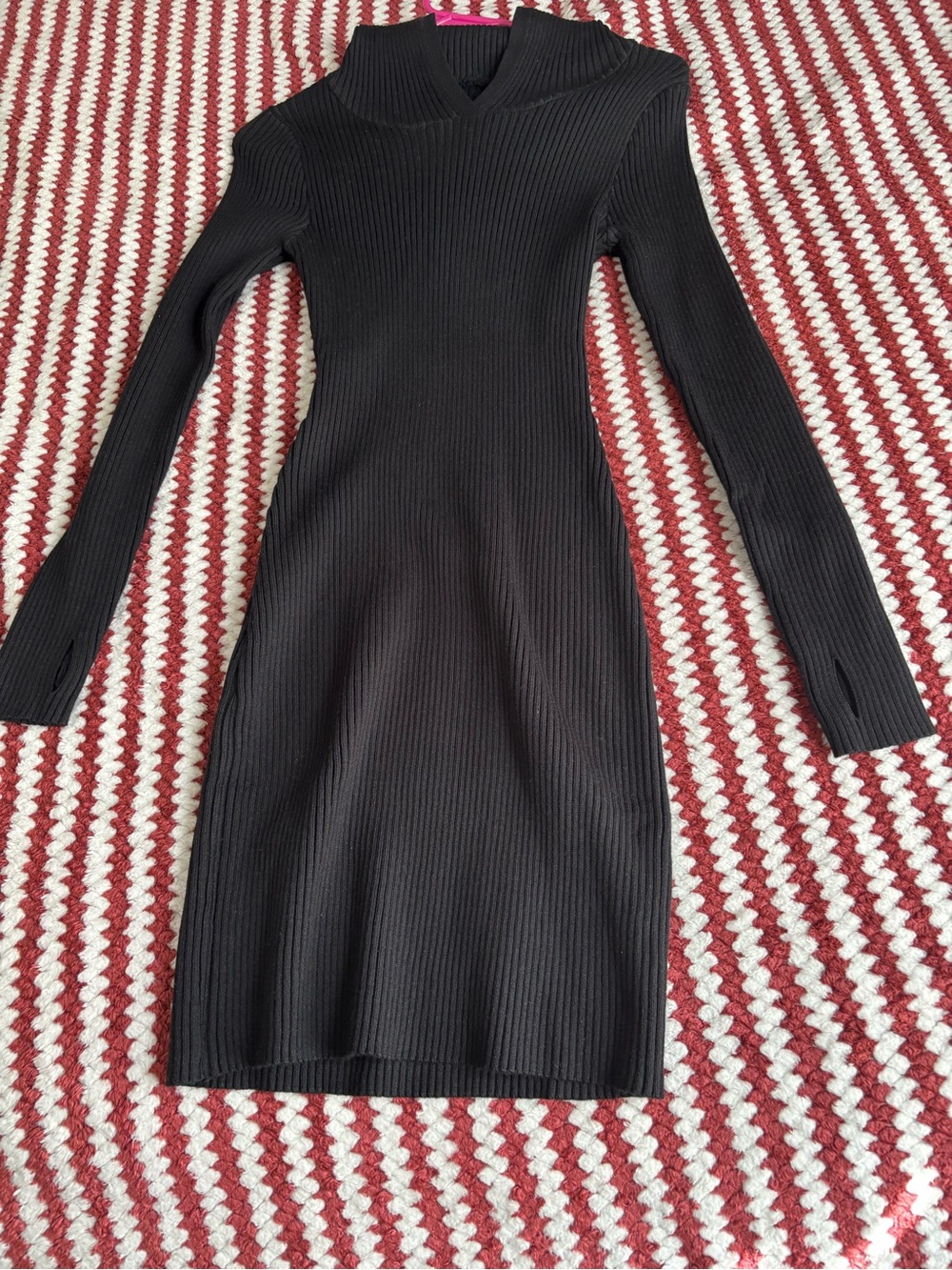 Black Ribbed Long-Sleeve Knit Dress